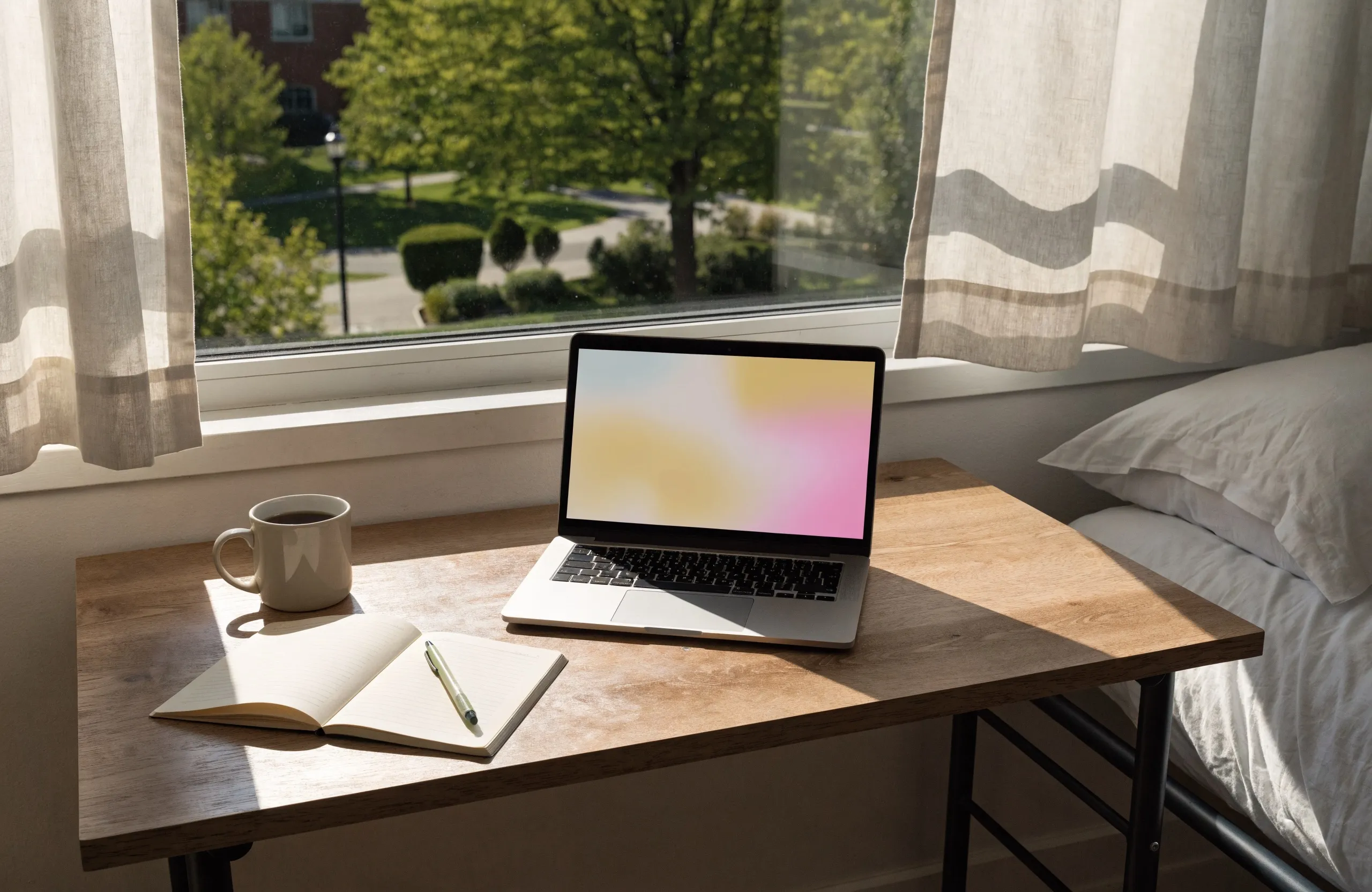 An open laptop on a tidy student desk with a coffee mug and notebook, campus trees visible through a sunny window