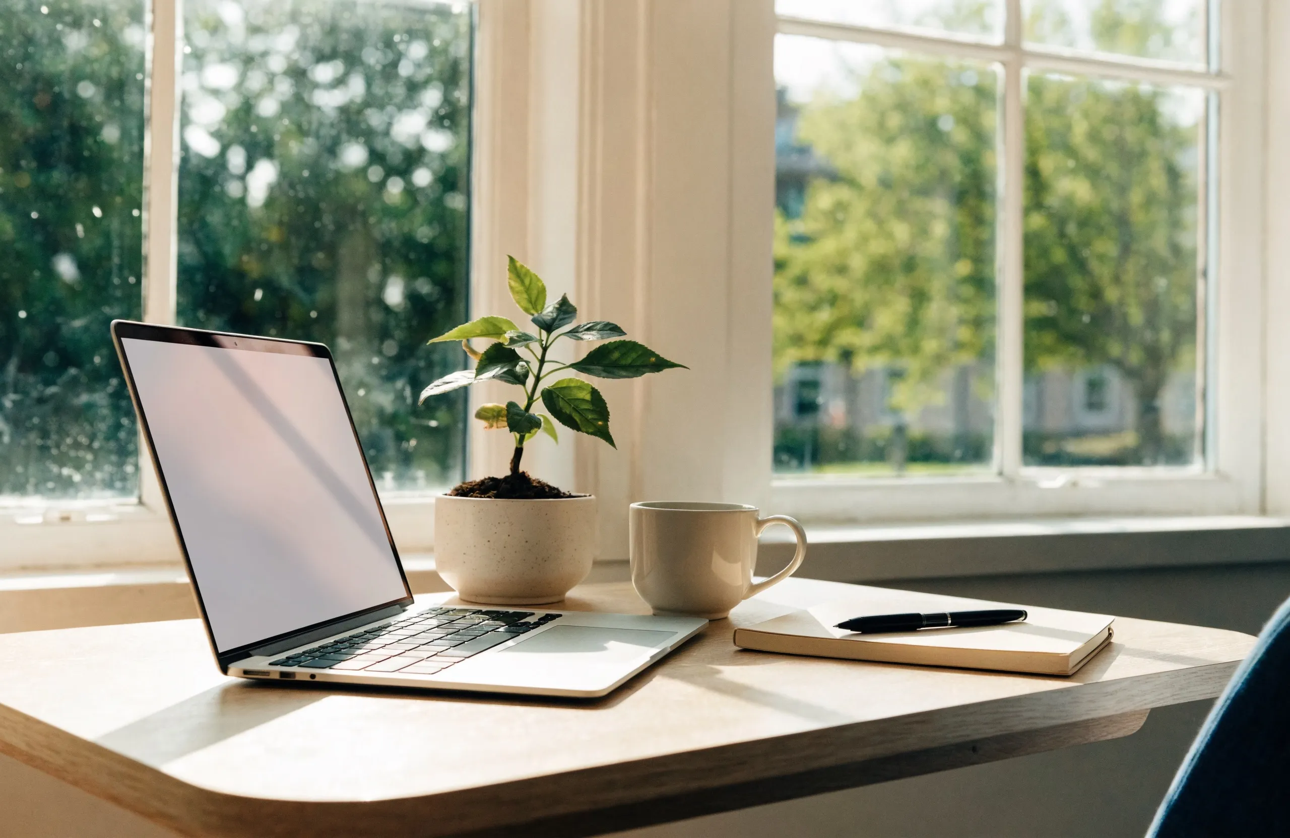 An open laptop on a tidy student desk with a coffee mug and notebook, campus trees visible through a sunny window