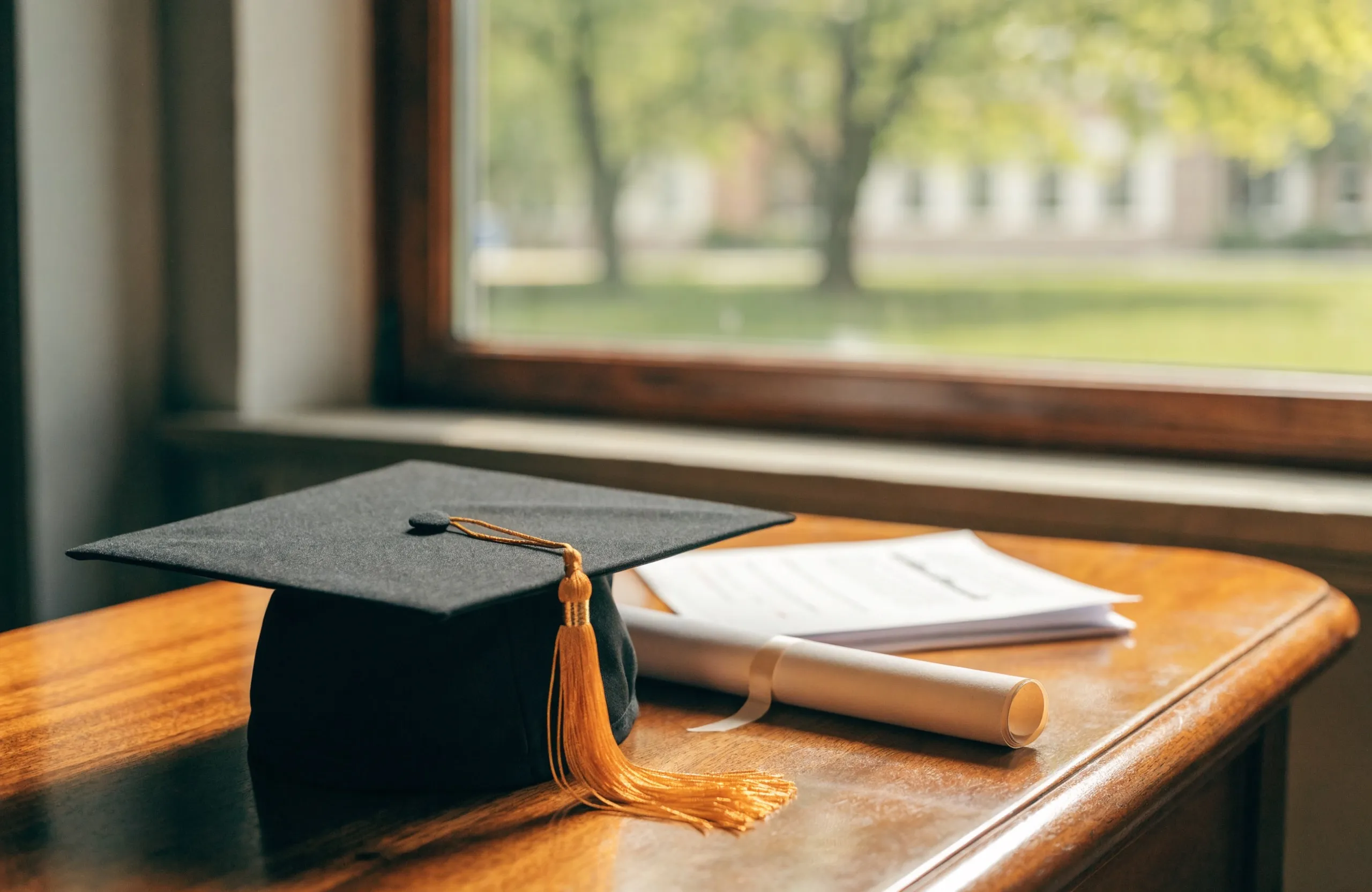 A graduation cap with a gold tassel beside a rolled diploma and application forms on a desk in warm window light